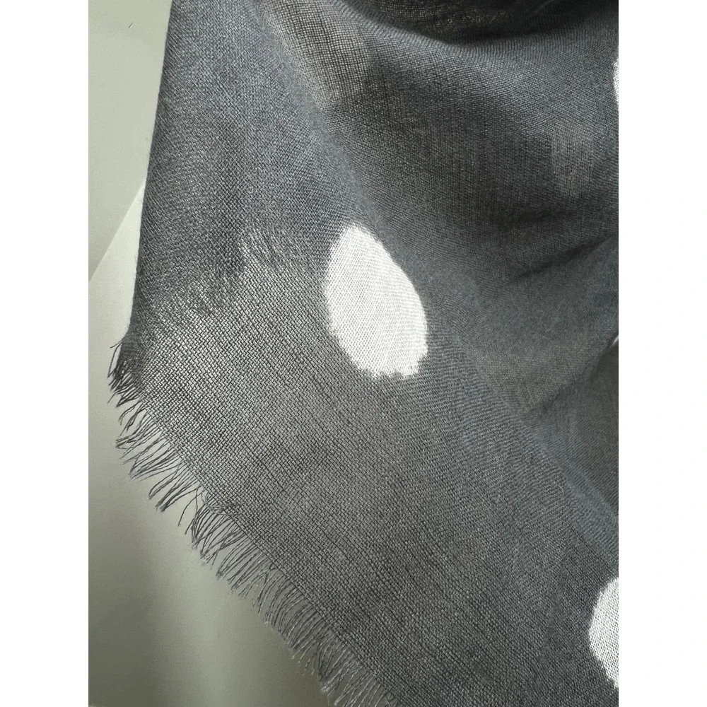 Galeries Lafayette Scarf Gray White Polka Dot Wool Frayed Fringe Wrap Shawl